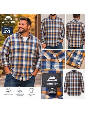 Winston Men’s 4XL Plaid Button Down Shirt NWT 100% Cotton Blue Orange Big Tall